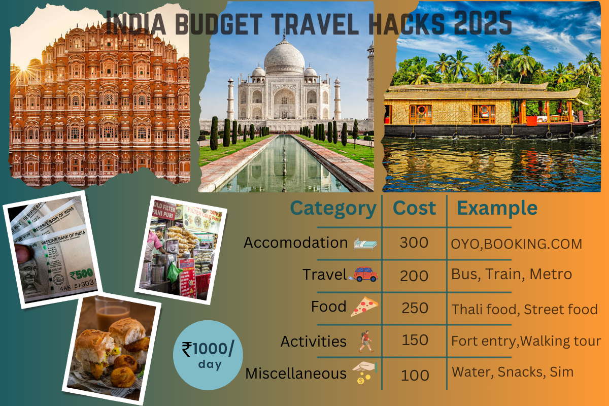 this is the poster showing India budget travel hacks in 2025 break down